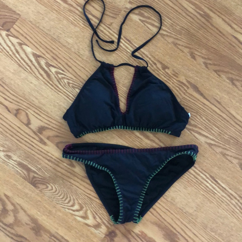 Black Swimsuit with Pink and Green Trim